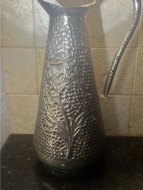 Hammered Metal Floral Pitcher - Silver Tone